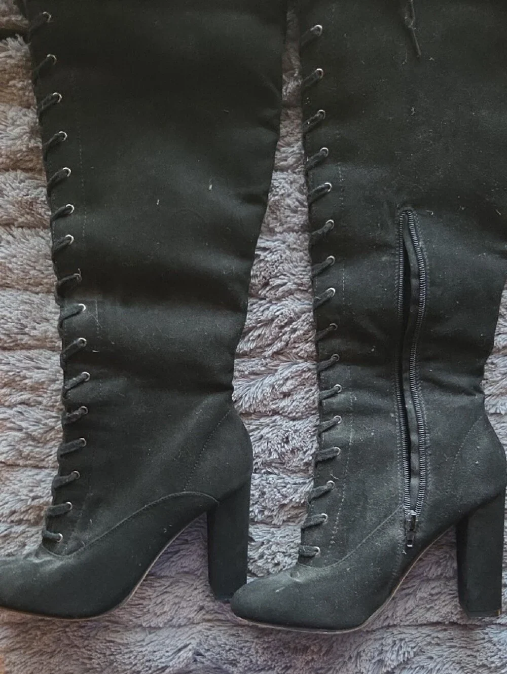 Women's Black Lace-Up Block Heel Knee Boots
